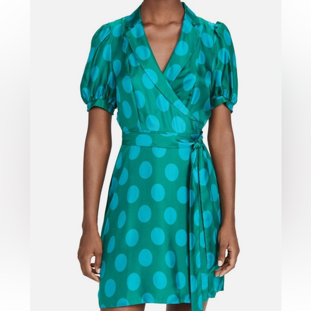 Diane von Furstenberg Silk Maise Wrap Dress Green Polka Dot Mini Short Sleeve XL